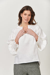 Naturals by O&J White Linen Ruffle Neck Top - White