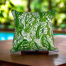 Load image into Gallery viewer, Bespoke Cushion by Trouvé Green, White Blue Indoor Outdoor Fabric / Blue Piping