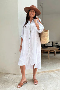 Bypias Vacation  Stirpe  Linen Dress - Biege & White