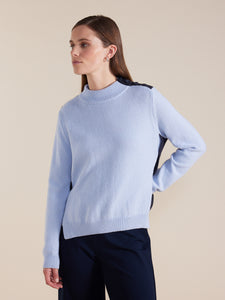 Marco Polo Button Up Shoulder Sweater - Powder Blue with Contrast Back