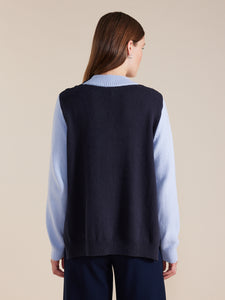 Marco Polo Button Up Shoulder Sweater - Powder Blue with Contrast Back