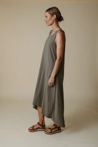 Talamaya Shorline Fine Slub Organic Cotton Dress - Pebble / Dusty Olive